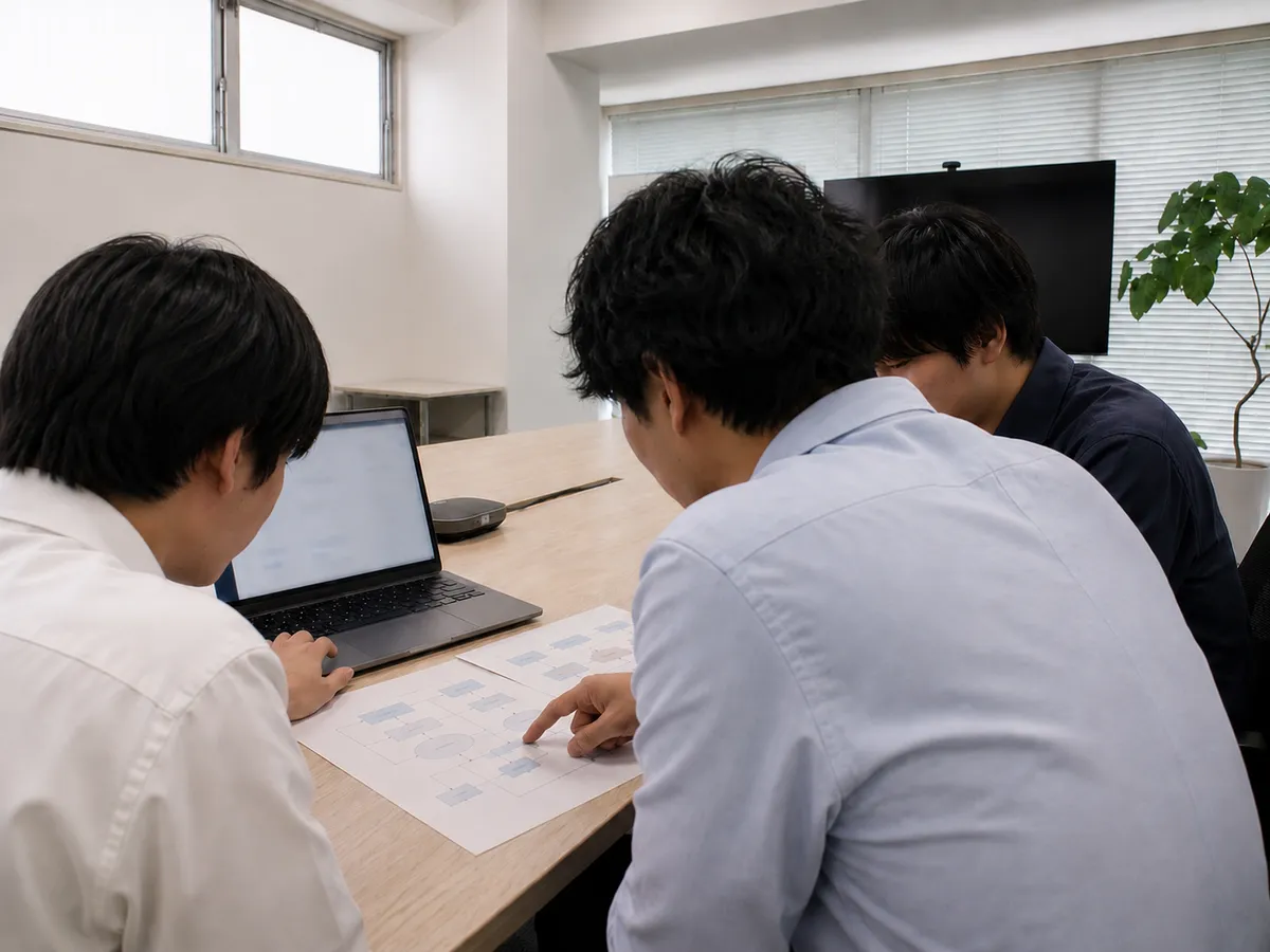 資料を囲んで近い距離で相談し合うアクテックのメンバー（イメージ）