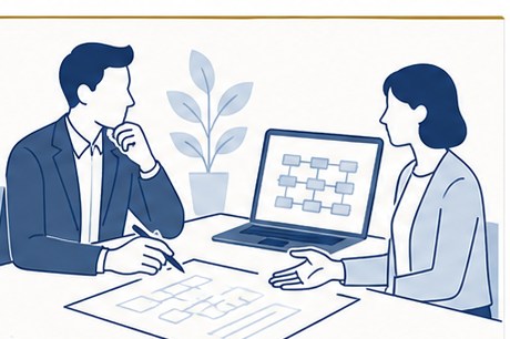 業務フロー図を前にお客様と対話する様子のイラスト・現場の文化まで読み取る姿勢
